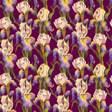 Iris 'in el boyaması parlak suluboya çiçekleri. Kusursuz desen. Dekorasyon ve tasarım için fikir. Yüksek kalite fotoğraf