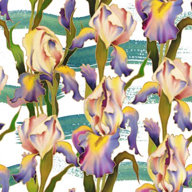 Iris 'in el boyaması parlak suluboya çiçekleri. Kusursuz desen. 