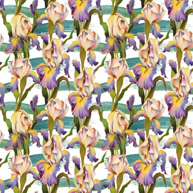Iris 'in el boyaması parlak suluboya çiçekleri. Kusursuz desen. Dekorasyon ve tasarım için fikir. Yüksek kalite fotoğraf