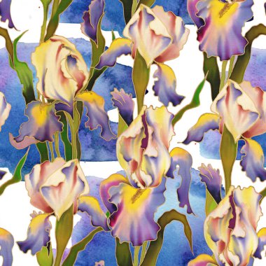 Iris 'in el boyaması parlak suluboya çiçekleri. Kusursuz desen. Dekorasyon ve tasarım için fikir. Yüksek kalite fotoğraf