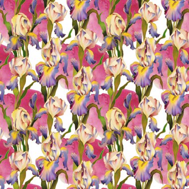Bright hand-painted watercolor flowers of Iris. Seamless pattern. Idea for decoration and design. High quality photo
