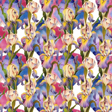 Iris 'in el boyaması parlak suluboya çiçekleri. Kusursuz desen. Dekorasyon ve tasarım için fikir. Yüksek kalite fotoğraf