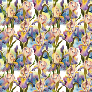 Iris 'in el boyaması parlak suluboya çiçekleri. Kusursuz desen. Dekorasyon ve tasarım için fikir. Yüksek kalite fotoğraf