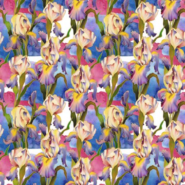 Iris 'in el boyaması parlak suluboya çiçekleri. Kusursuz desen. Dekorasyon ve tasarım için fikir. Yüksek kalite fotoğraf