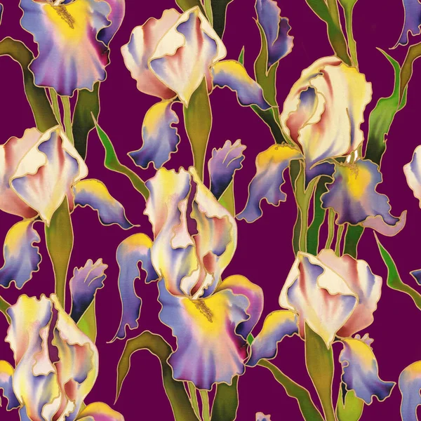 Iris 'in el boyaması parlak suluboya çiçekleri. Kusursuz desen. Dekorasyon ve tasarım için fikir. Yüksek kalite fotoğraf