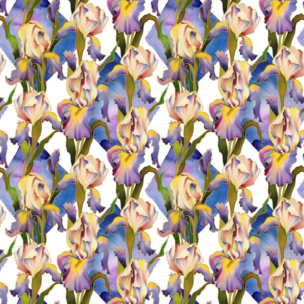 Iris 'in el boyaması parlak suluboya çiçekleri. Kusursuz desen. Dekorasyon ve tasarım için fikir. Yüksek kalite fotoğraf