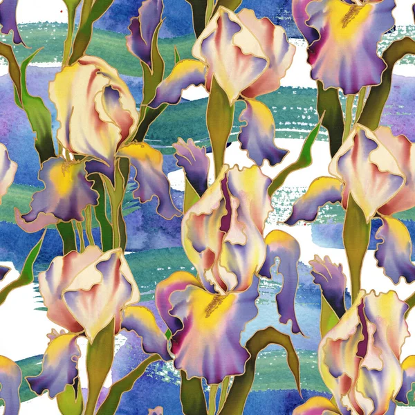 Bright Hand Painted Watercolor Flowers Iris Seamless Pattern Idea Decoration — Fotografia de Stock