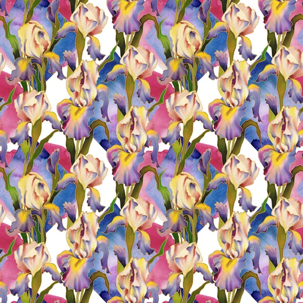 Iris 'in el boyaması parlak suluboya çiçekleri. Kusursuz desen. Dekorasyon ve tasarım için fikir. Yüksek kalite fotoğraf