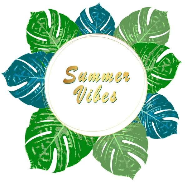 夏天的氛围 夏季绿色热带传单设计与热带花和季风叶 框架设计 复制空间 — 图库矢量图片