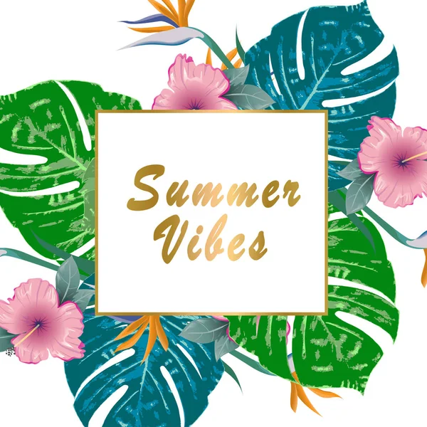 Sommerliche Stimmung Sommergrüne Tropische Flyer Mit Tropischen Blüten Und Monsterblättern — Stockvektor