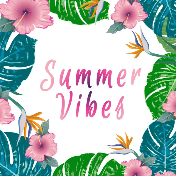 Vibras Verano Diseño Folleto Tropical Verde Verano Con Flores Tropicales — Vector de stock