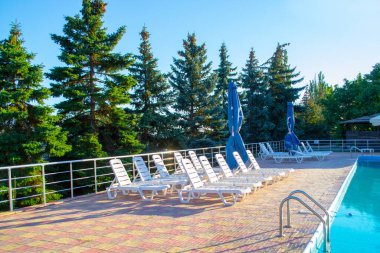 Primorsk, Ukraine, 09.08.2021. Poolside. Sunbeds near swimming pool surrounded by pine trees. High quality photo
