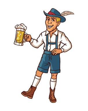Man Dancing and Carrying Glass of Beer Wearing Traditional German Costume Celebrating Oktoberfest