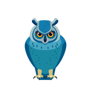 Baykuş, genellikle gece kuşları olmak üzere yırtıcı bir kuştur. Kartal Boynuzlu Baykuş Çizgi Filmi düz stil. Kuşbiliminin güzel karakteri. Beyaz arkaplanda izole edilmiş vektör çizimi.