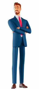 Gözlük, takım elbise ve gömlek takan, kollarını kavuşturmuş, mutlu bir gülümsemeyle kameraya bakan, izole edilmiş beyaz arka plana karşı duran genç bir işadamının 3 boyutlu resmi..