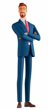 Gözlüklü, takım elbiseli ve gömlekli genç bir işadamı, kollarını kavuşturmuş, mutlu bir gülümsemeyle kameraya bakıyor, beyaz bir arkaplanda duruyor. 3d illüstrasyon