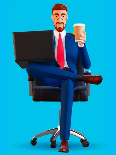 3 d retrato de un hombre de negocios sentado en un sillón, bebiendo café y trabajando en un ordenador portátil. Estilo mínimo. ilustración de renderizado 3d — Foto de Stock