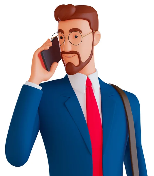 3 d Porträt eines modischen Geschäftsmannes, der auf einem Mobiltelefon spricht. Minimaler Stil. 3D-Darstellung auf weißem Hintergrund isoliert — Stockfoto