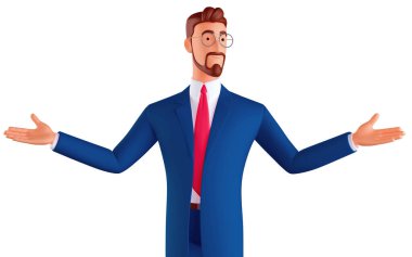 Üç boyutlu çizgi film karakteri. İş adamı sevinçle gülümsüyor. Dostça bir karşılama, olumlu ve kendinden emin bir selamlama olarak. Örnekleme 3d görüntüleme izole edilmiş beyaz arkaplan.