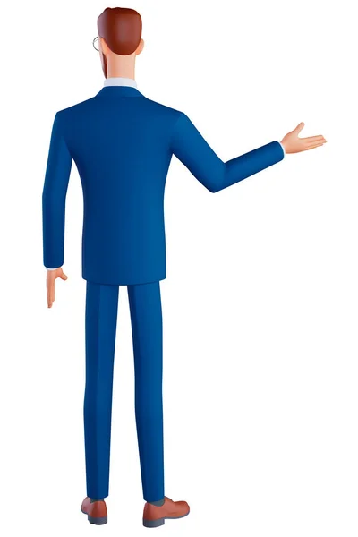 3d Charakter Mann Rückansicht. Geschäftsmann brünett Mann mit Brille trägt einen blauen Anzug und zeigt leeren Kopierraum auf offener Handfläche für Text. Minimal stilisierter Kunststil. 3D-Rendering auf weißem Hintergrund. — Stockfoto