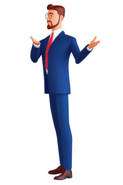 Ayakta duran bir karakterin üç boyutlu resmi. Elleriyle seyirciyi işaret eden gülümseyen bir adam. Gözlüklü, mavi takım elbiseli, beyaz arka planda soyutlanmış mutlu bir iş adamının portresi.