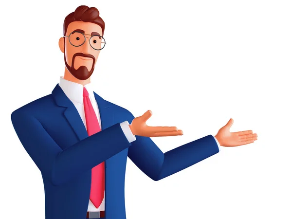 3d closeup portrait of smiling positive funny man in glasses wearing a blue suit, red tie showing you way, pointing hands to empty copy space for advertising. Minimal style. 3d render — Stock Photo, Image