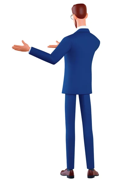 3D-Charakter zurück Ansichten Illustration des stehenden lächelnden Mannes zeigt Hand in Richtung. Porträt eines glücklichen Geschäftsmannes mit Brille und blauem Anzug, isoliert auf weißem Hintergrund — Stockfoto