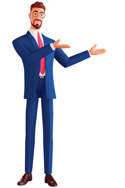 3d illustration of standing character smiling man showing hand at direction. Portrait of cartoon happy businessman with eyeglasses and blue suit, isolated on white background — стоковое фото
