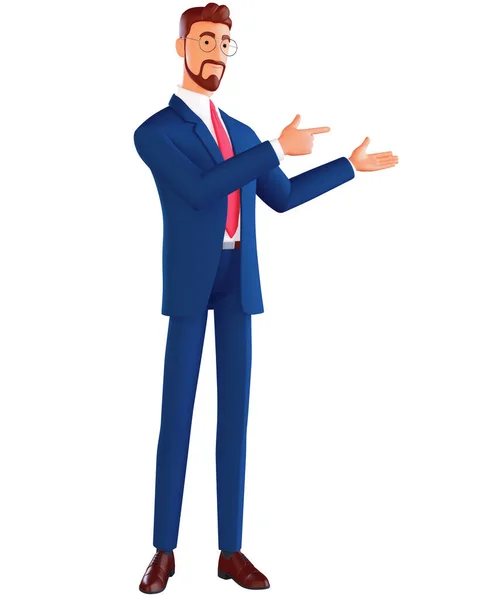 3d homme pointant les mains ensemble et montrant ou présentant quelque chose tout en se tenant debout et souriant. Homme pointant l'espace de copie. Concept d'émotion et de langage corporel dans le style de dessin animé illustration de rendu 3D — Photo