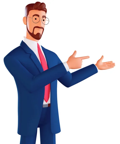 3d character portrait of positive man promoter point index finger copyspace hold hand demonstrates offer ads promo wear good look suit isolated over a white background — стоковое фото