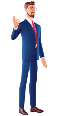 Üç boyutlu çizgi film karakteri. Sakallı, takım elbiseli, beyaz arka planda gözlüklü, gülümseyen ve el ve parmaklarıyla 