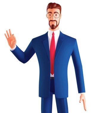 3D karakter, beyaz arka planda izole edilmiş sembol yapan komik iş adamının yakın portresi..