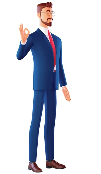 3D-Zeichentrickfigur. Junger gutaussehender Mann mit Bart, Anzug und Brille vor weißem Hintergrund, der positiv lächelnd ein Okay-Zeichen mit Hand und Finger macht. Erfolgreicher Ausdruck — Stockfoto