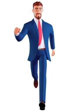 Tam boy 3D iş adamı gülümsemesi mutlu olumlu adım ve tek başına beyaz arka planda koşmak.
