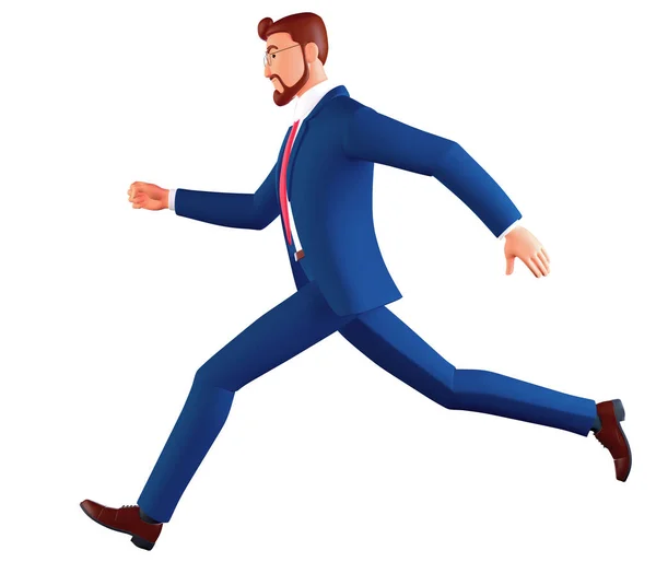 3d render. Un hombre con gafas con traje azul corre. Empresario personaje de dibujos animados en un apuro, simplemente clipart carrera de negocios aislado sobre fondo blanco.. —  Fotos de Stock