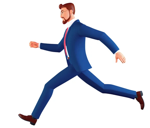 3d render. Man in glasses wearing a blue suit runs. Businessman cartoon character in a hurry, simply business career clipart isolated on white background.. — стоковое фото