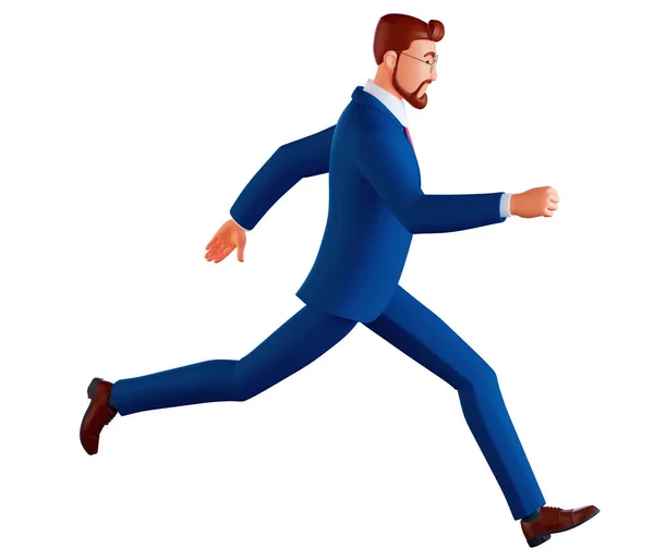3d Business man running fast. Late business person rushing in a hurry to get on time. 3d rendering character illustration isolated on white. — стоковое фото