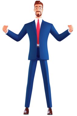 Mutlu gülümseyen genç bir işadamının 3 boyutlu portresi beyaz arkaplan üzerinde bir metin veya slogan olan bir tabela için boş bir alan gösteriyor..