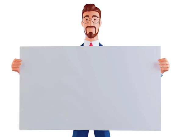 3d Portrait of businessman showing blank signboard, with copy space area for text or slogan, against a white background. — стоковое фото