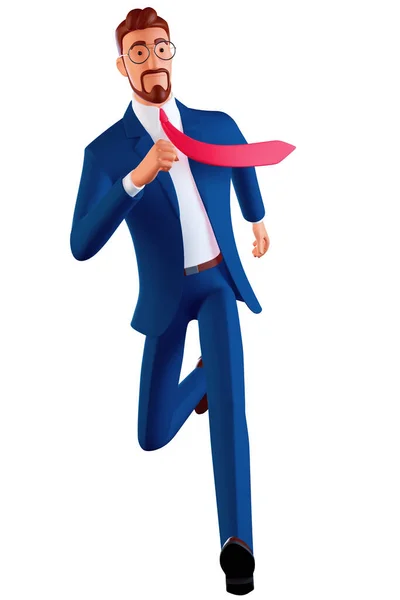 Businessman running fast with a waving necktie. Late business person rushing in a hurry to get on time. 3d rendering style character illustration isolated on white. Front view. — стоковое фото