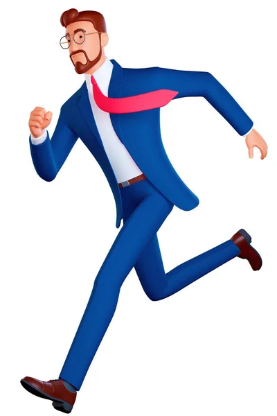 Businessman running fast with a waving necktie. Late business person rushing in a hurry to get on time. 3d rendering style character illustration isolated on white. Side view. — 스톡 사진