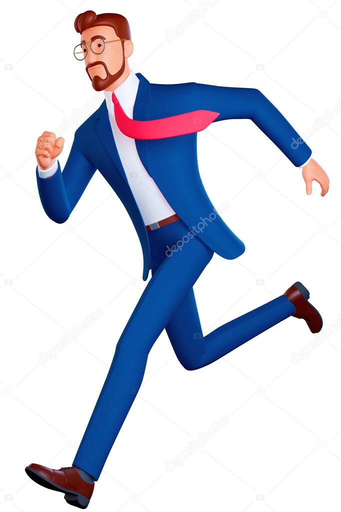 Businessman running fast with a waving necktie. Late business person rushing in a hurry to get on time. 3d rendering style character illustration isolated on white. Side view.