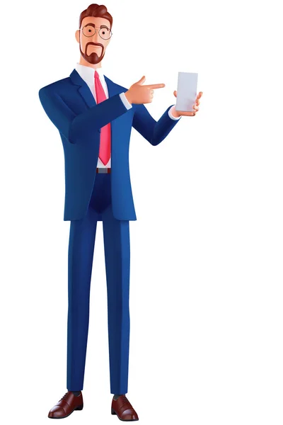 Useful App Or Website. Business man pointing at blank cell phone screen for advertising text, empty space, mock up. 3d rendering. — Fotografia de Stock