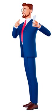 Portre sakallı adam beyaz arka planda izole edilmiş boş maket ekranlı bir telefon gösteriyor. 3d resimleme.