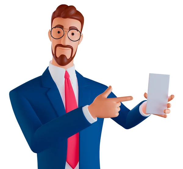 3D-Illustration eines lächelnden Mannes mit Mobile App Advertisement. Schöner Mann zeigt auf einen weißen, leeren Smartphone-Bildschirm. Schauen Sie sich das an, Handy-Display-Mock Up — Stockfoto