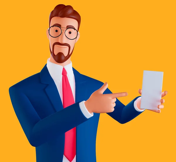 3D ilustrace usměvavého muže s mobilní aplikací Advertisement. Fešák ukazující na bílou prázdnou obrazovku smartphonu. Koukni na to, displej mobilního telefonu Mock Up — Stock fotografie