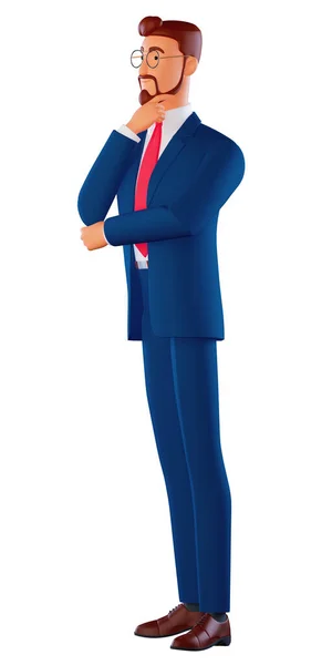 3D-Illustration eines Mannes mit Brille, blauem Anzug, der denkt, sich am Kinn kratzt und versucht, eine gute Idee für Unternehmensoptimierung und -verbesserung zu finden. — Stockfoto