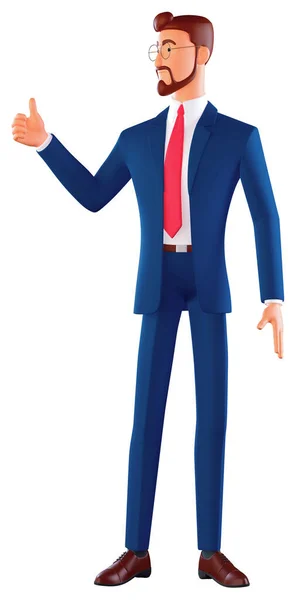 Portret mężczyzny w okularach w niebieskim garniturze z kciukiem w górze, pozytywny gest dłoni, dobra robota, szacunek. Minimalna stylizacja sztuki. 3d renderowanie na białym tle. — Zdjęcie stockowe