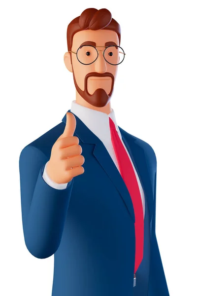 Waist-up portrait of businessman showing sight thumbs up and good luck. Deal, like, agree, approve, accept illustration concept. 3D rendering, isolated over white background — Stockfoto