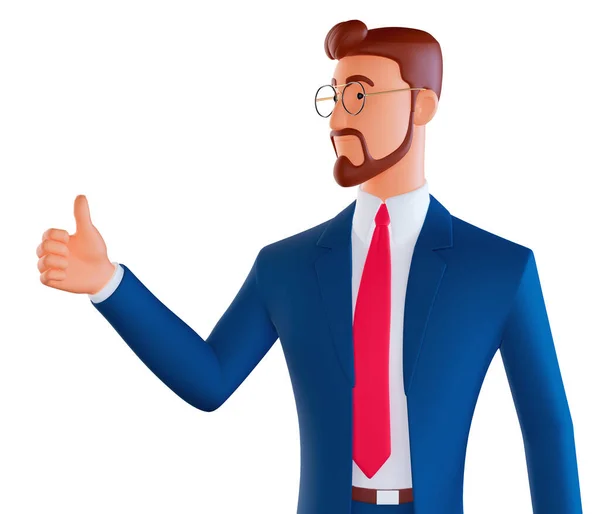 Bearded happy man shows thumb up. Gesture cool. 3d illustration in cartoon style isolated on white background. — стоковое фото